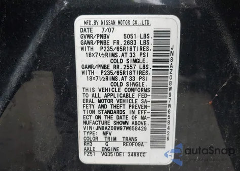 2007 Nissan Murano Sl/Se/S from USA, damaged, VIN JN8AZ08W97W658429